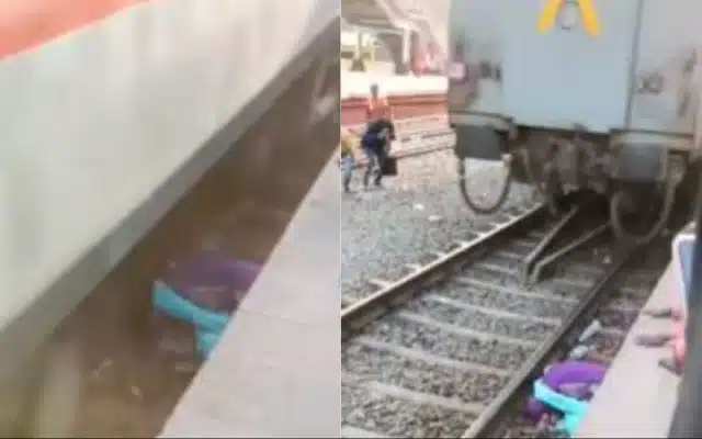 An incredible event occurred at a Bihar railway station when a mother and her two kids narrowly avoided being hit by a fast-moving train. Social media users have taken to sharing a video of the terrifying incident, which shows the mother doing a heroic job of protecting her kids from the approaching train.